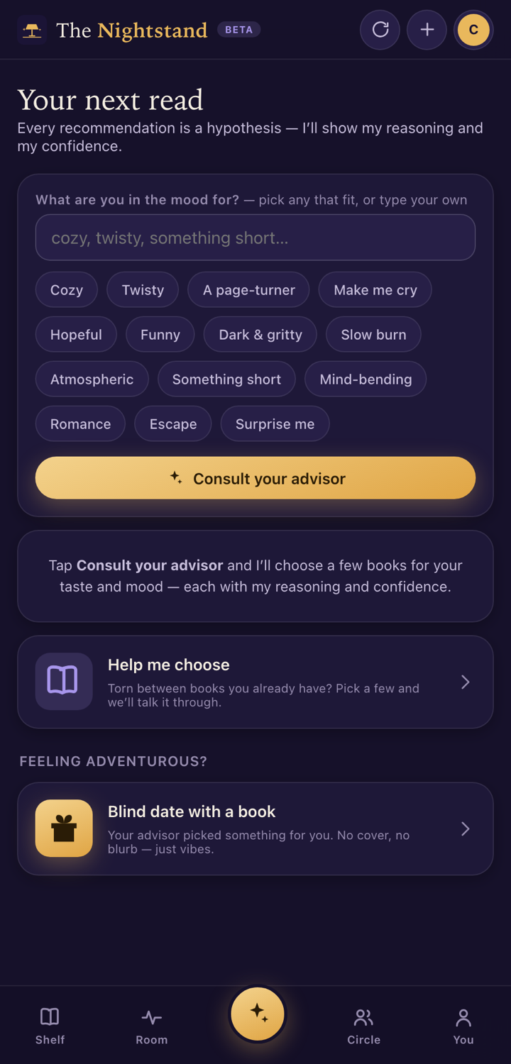 Your next read screen: mood chips like Cozy, Twisty, Slow burn, and a Consult your advisor button
