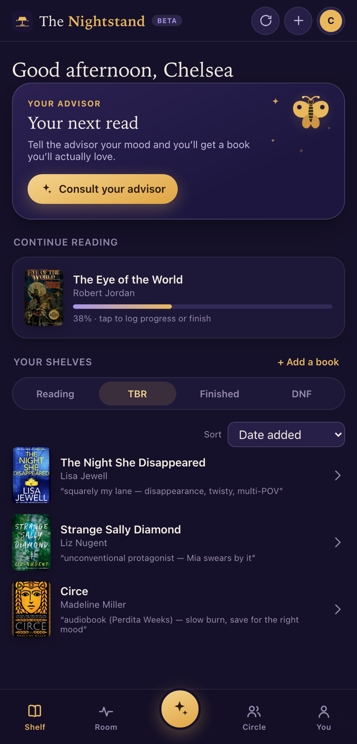 The Nightstand home screen: advisor card, a Continue Reading progress bar, and shelves with Reading, TBR, Finished, and DNF tabs