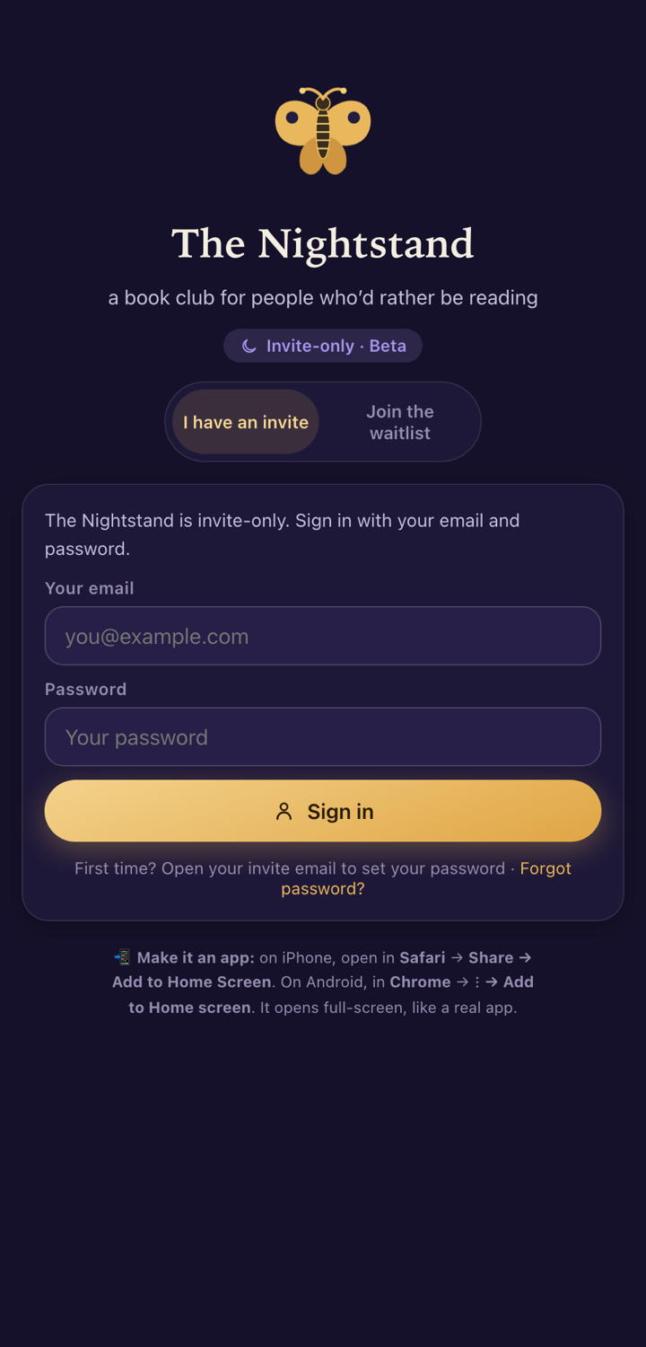 The Nightstand app — landing screen with gold butterfly logo and sign-in form
