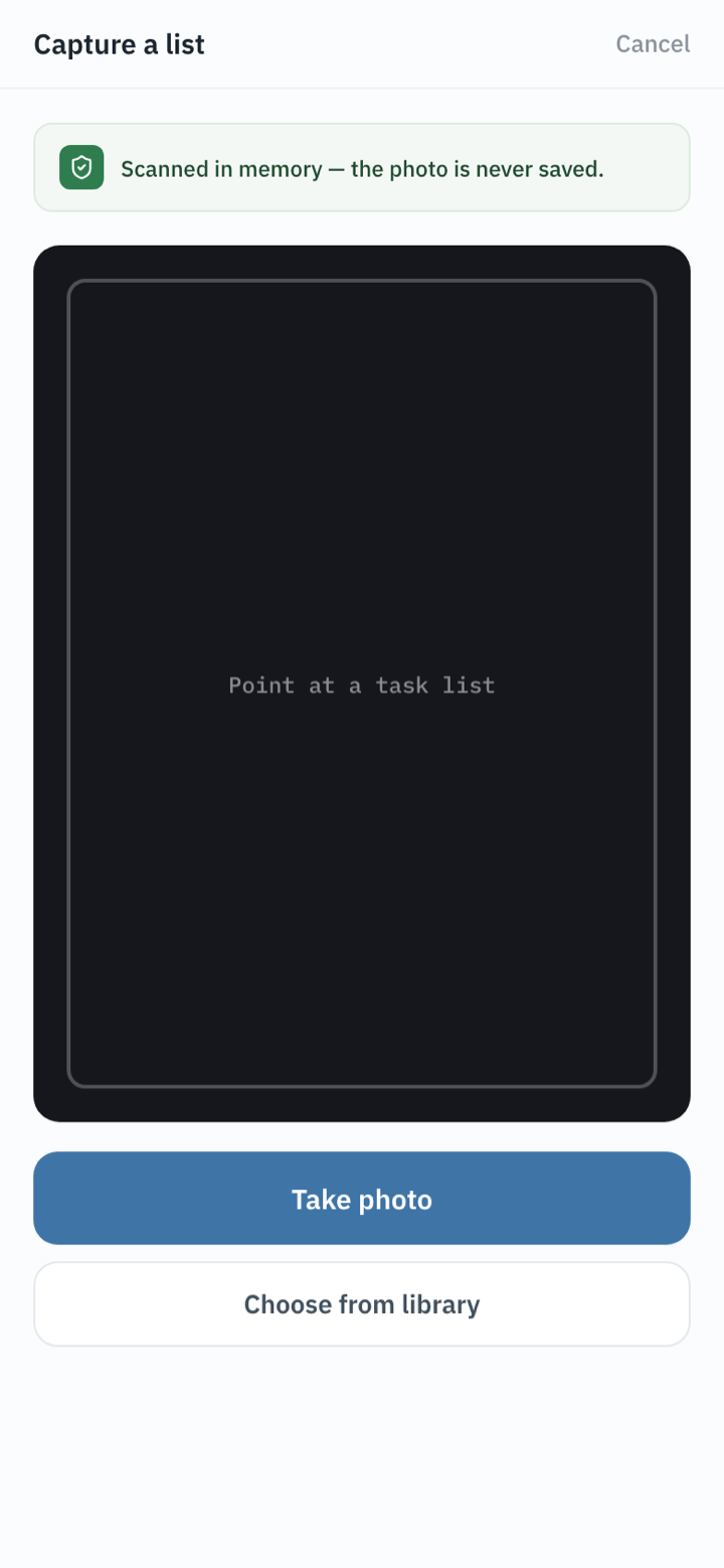 Capture a list screen with camera viewfinder and a banner reading: scanned in memory, the photo is never saved