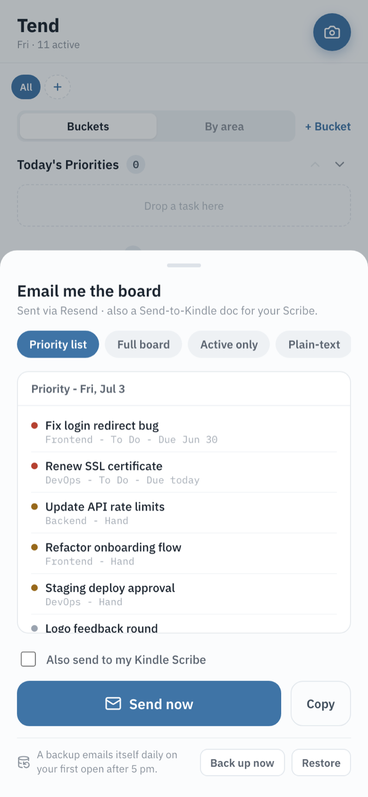 Email me the board sheet with priority list preview, format options, and a send-to-Kindle option