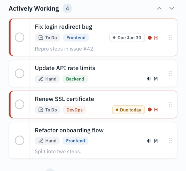 Tend app — task board showing the Actively Working bucket with prioritized tasks